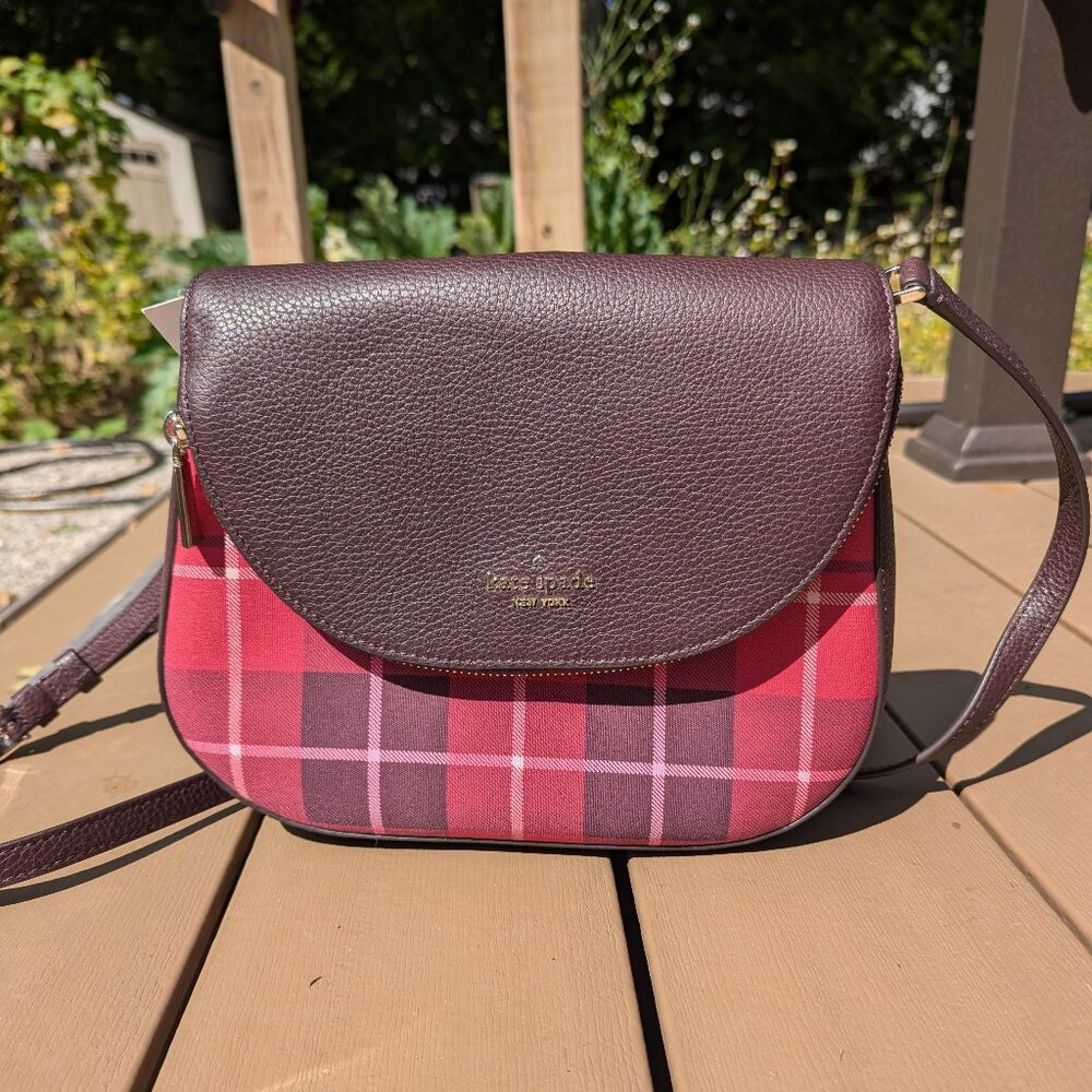 KATE SPADE New YoKArk Leila Designer Plaid Berry Med Flip Shoulder Crossbody NWT